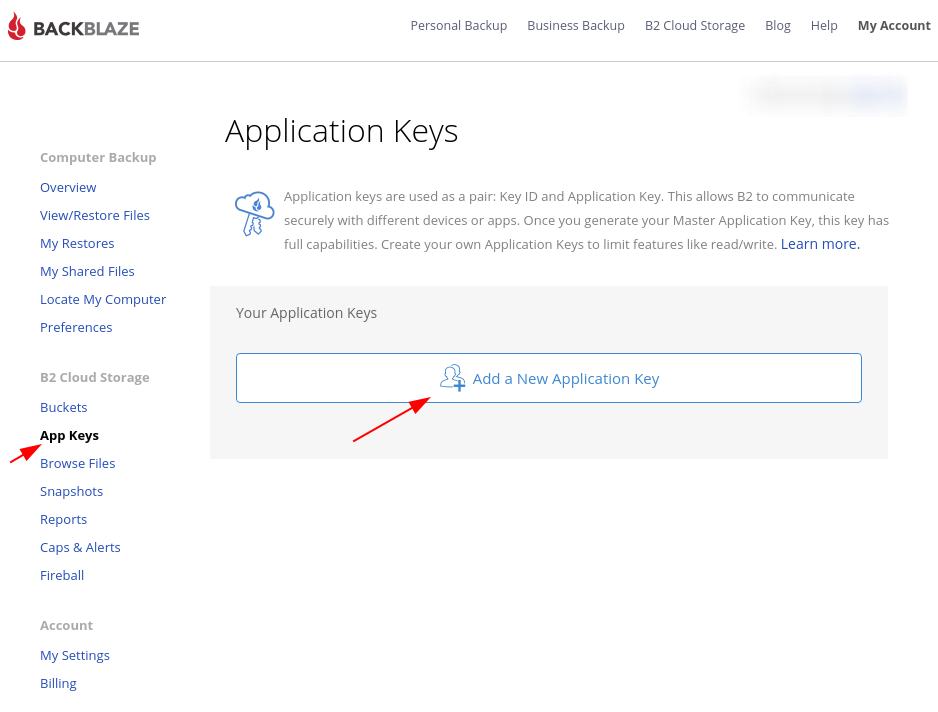 Image 3: Creating application keys - Step 1